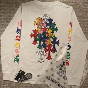 Chrome Hearts White Long Sleeve Tee with Multicolor Cross Floral Graphics